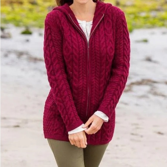 Inis Crafts maroon wool Sweater Hooded cardigan with Celtic Knot Zipper … - Picture 1 of 10